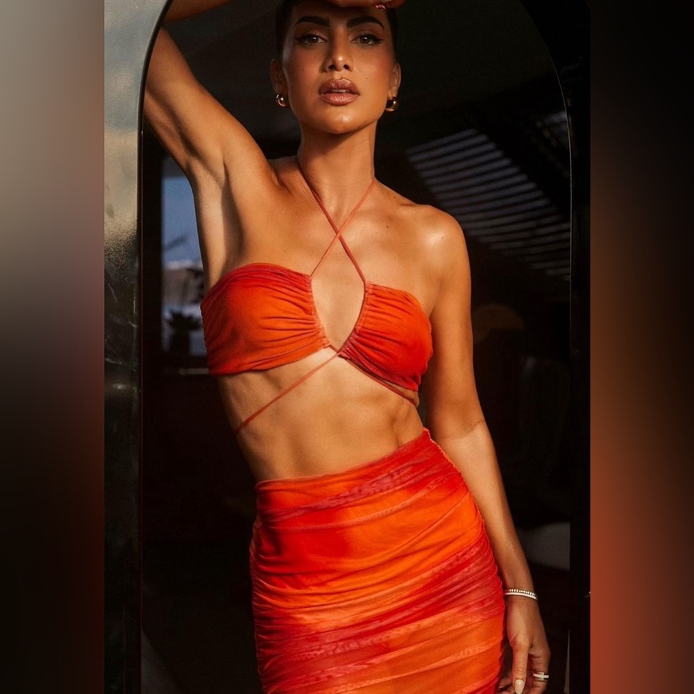 Camila Coelho Kelly Ruched Sheer Maxi Skirt in Orange Tie Dye Women's Size SMALL